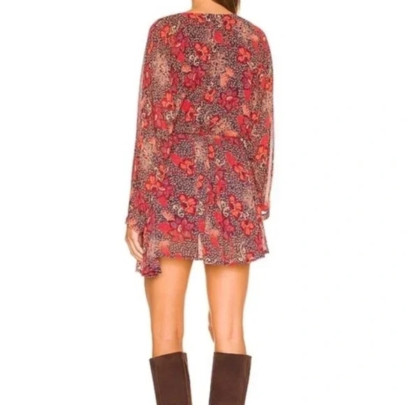 Free People Teegan Mini Dress in Peach Combo Long Sleeve Surplice Neck Sz Medium - Picture 3 of 15